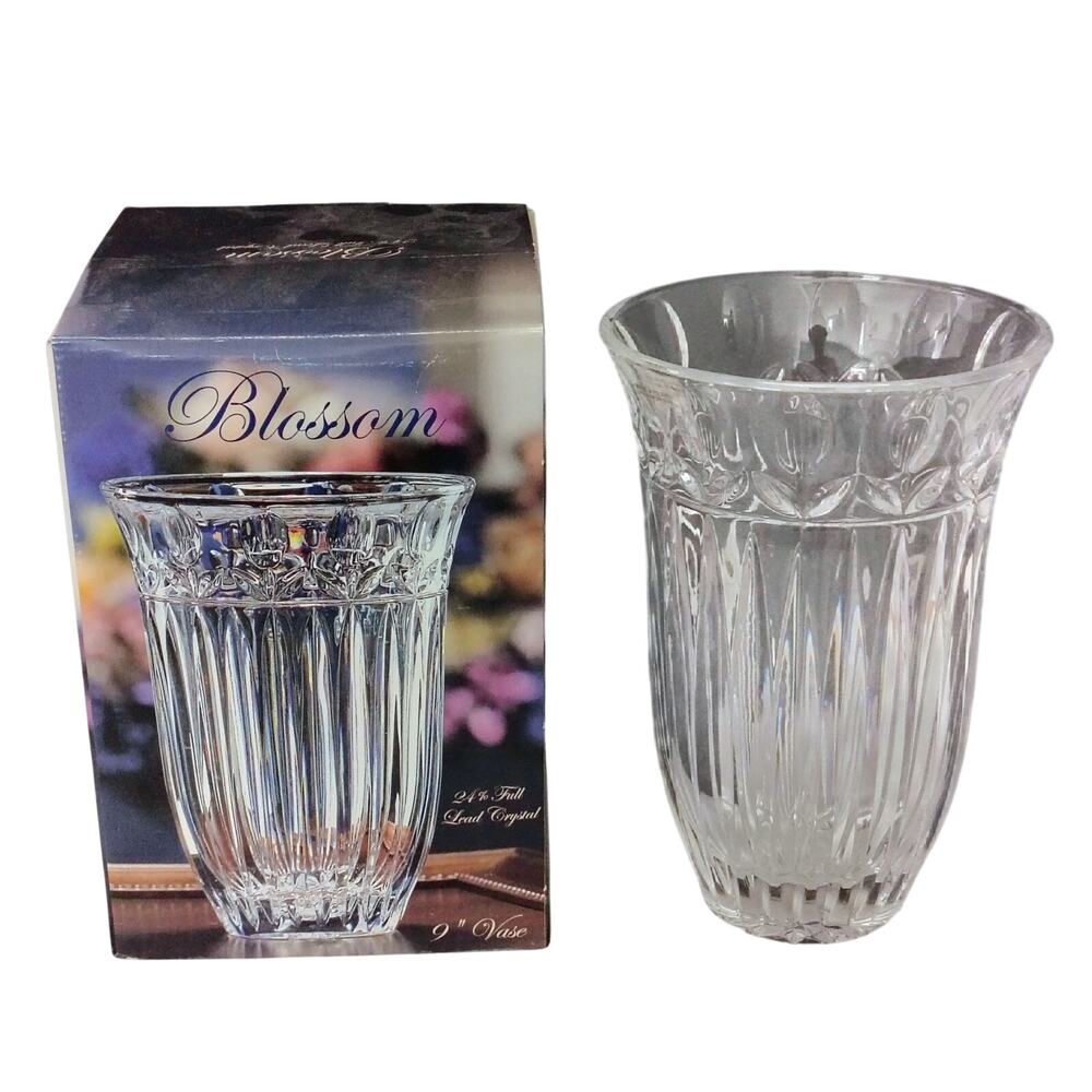 Blossom Clear Floral Etched 24% Lead Crystal 9" Vase Made in Poland VTG